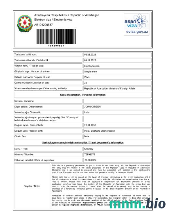 Szablon wizy elektronicznej Azerbejdżanu w wersji 2